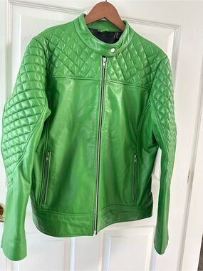 Hawkers Leather UK Green Diamond Quilted Cafe Racer Jacket - Men’s L Marked 3 XL